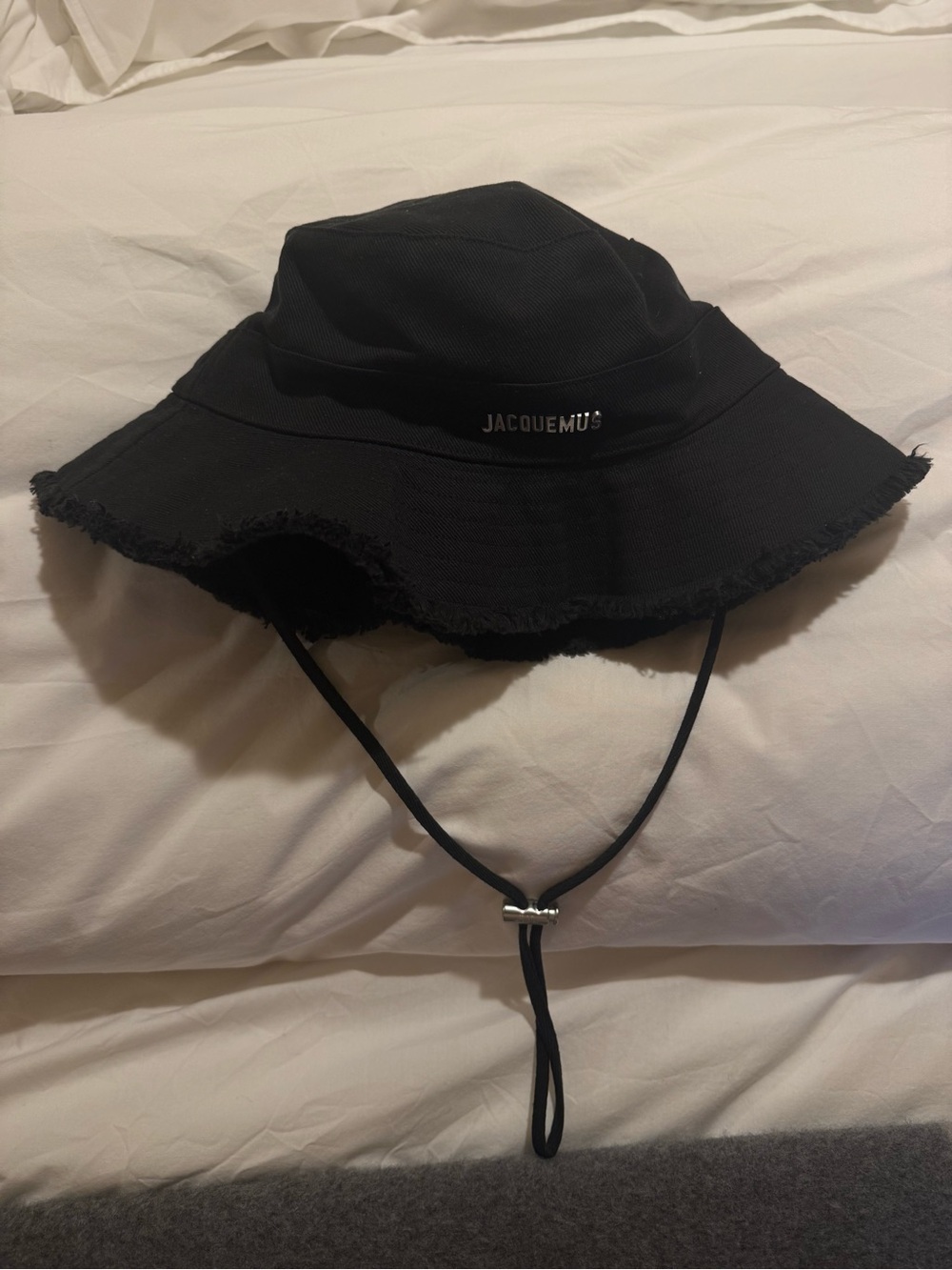 Jacquemus Black Frayed-Edge Bucket Hat with Chin Cord